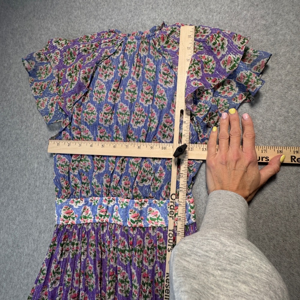 Hemant and Nandita Mini Dress Purple Floral Metallic Ruffle XS Bohemian Tassel - Picture 6 of 9